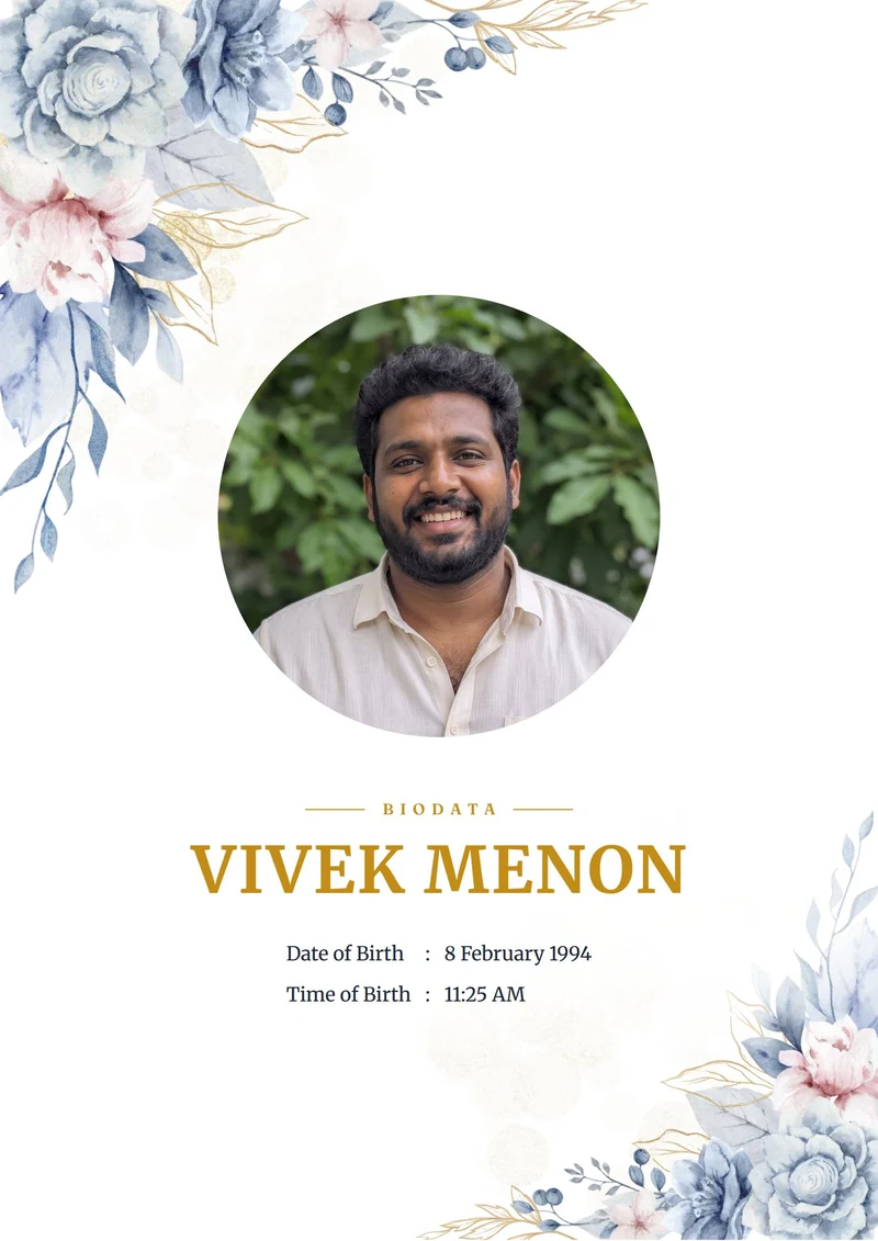 Marriage biodata sample for a boy — South Indian biodata, Indigo Rose design