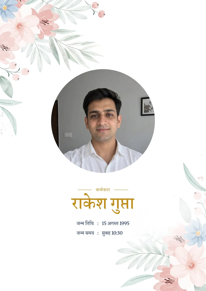 Marriage biodata sample for a boy — Hindu biodata in Hindi, Powder Rose design