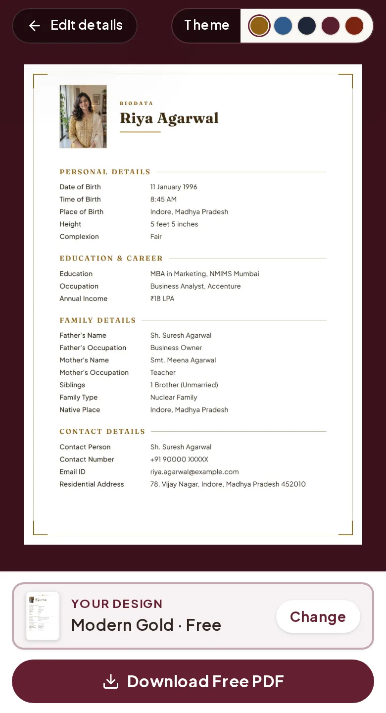 The full-size biodata preview with the Download Free PDF button