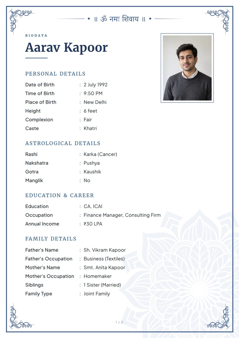 Classic Indigo marriage biodata design