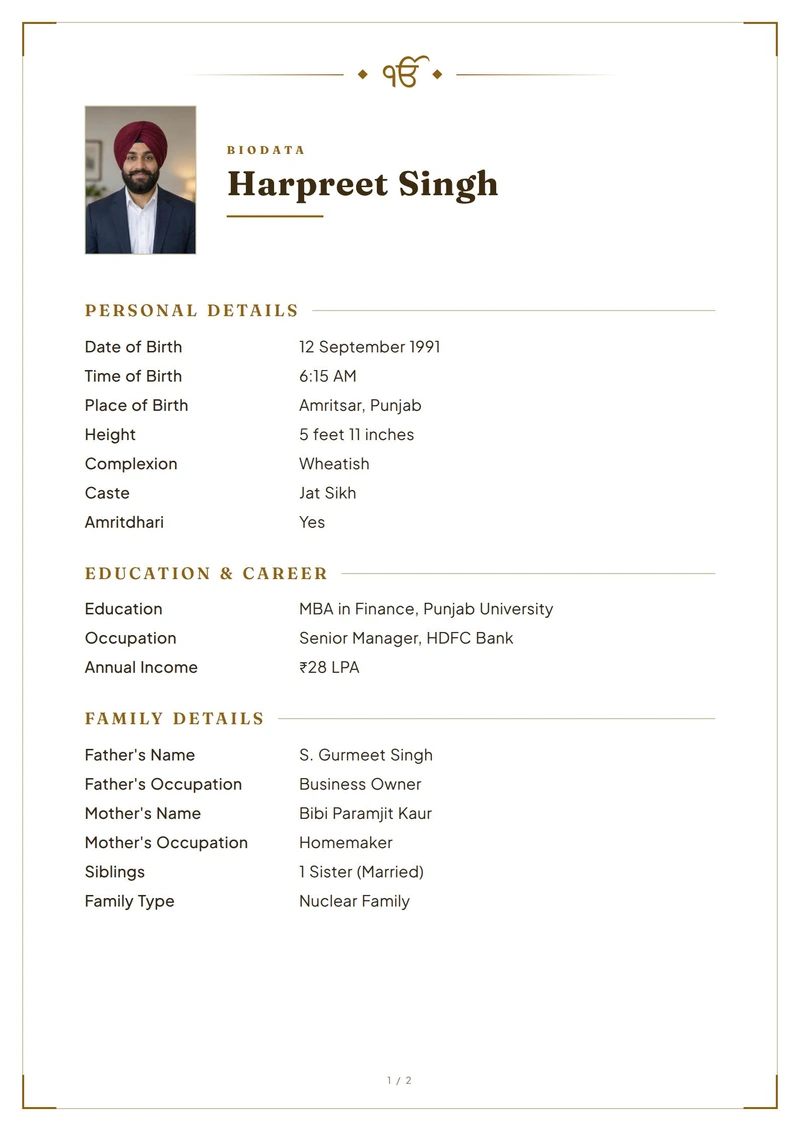 Modern Gold marriage biodata design