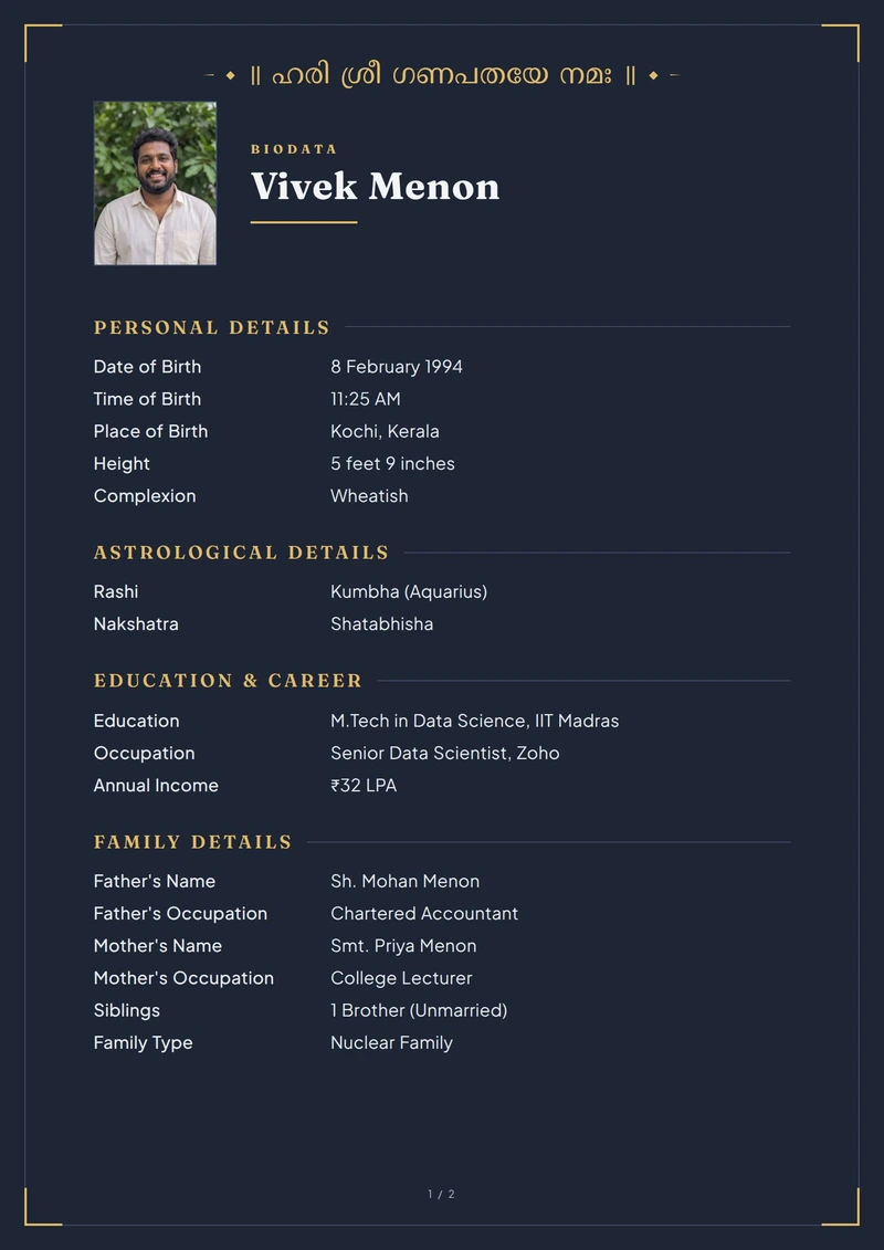 Modern Midnight marriage biodata design