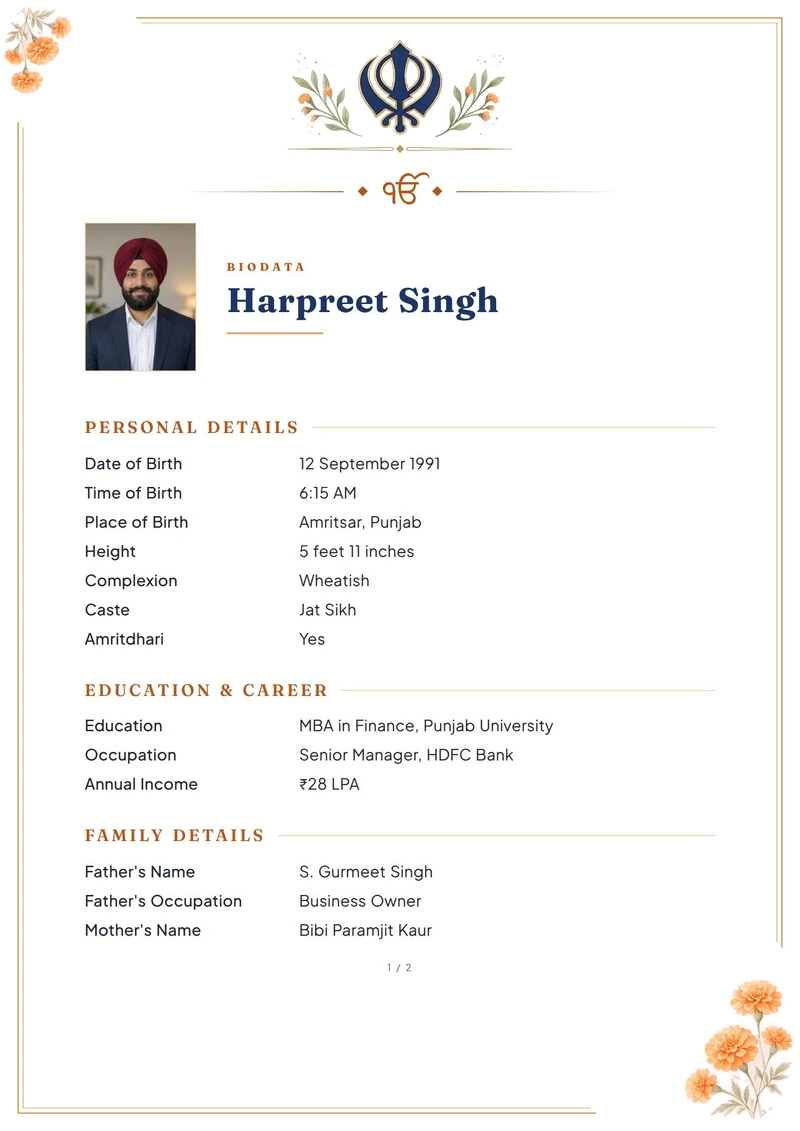 Saffron Marigold marriage biodata design