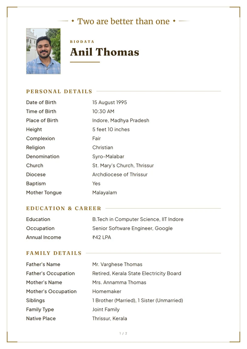 Marriage biodata sample for a boy — Christian biodata, Gold design