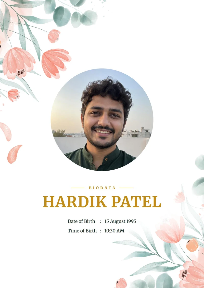 Marriage biodata sample for a boy — Gujarati biodata, Coral Bloom design