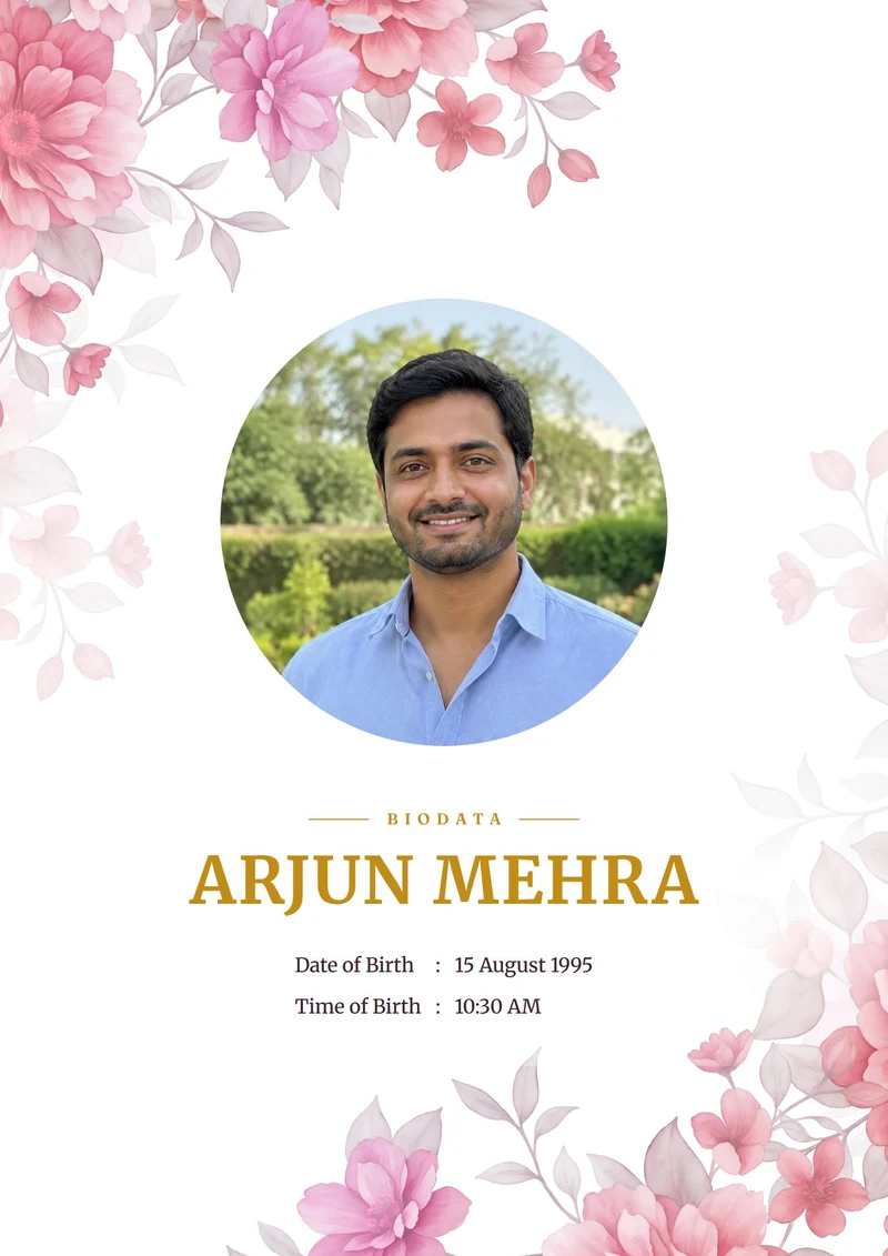 Marriage biodata sample for a boy — Hindu biodata, Blush Peony design
