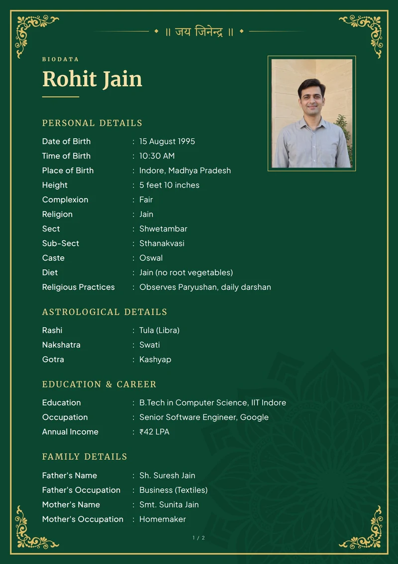 Marriage biodata sample for a boy — Jain biodata, Emerald design