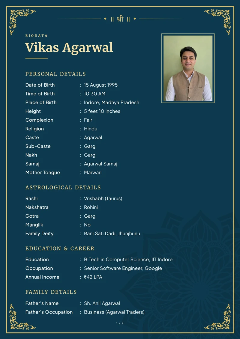 Marriage biodata sample for a boy — Marwari biodata, Royal design