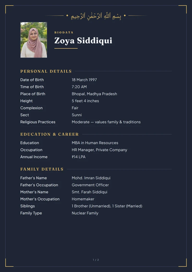 Marriage biodata sample for a girl — Muslim biodata, Midnight design