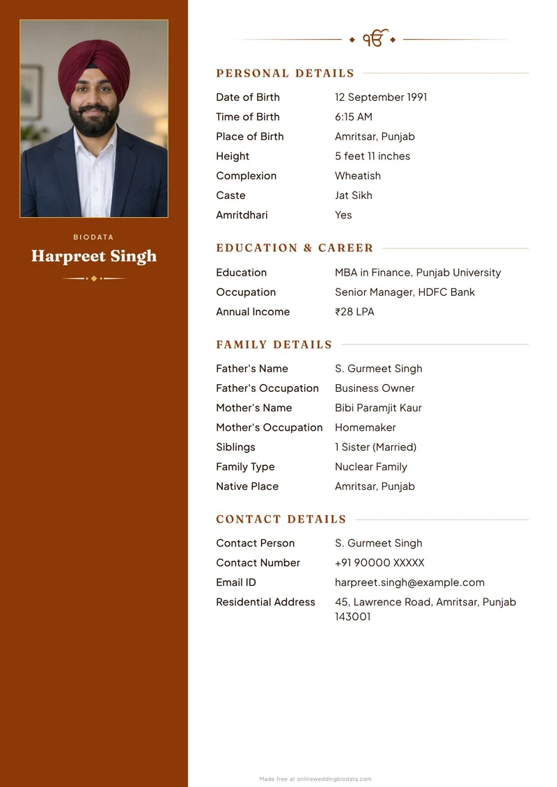 Marriage biodata sample for a boy — Sikh biodata, Saffron design